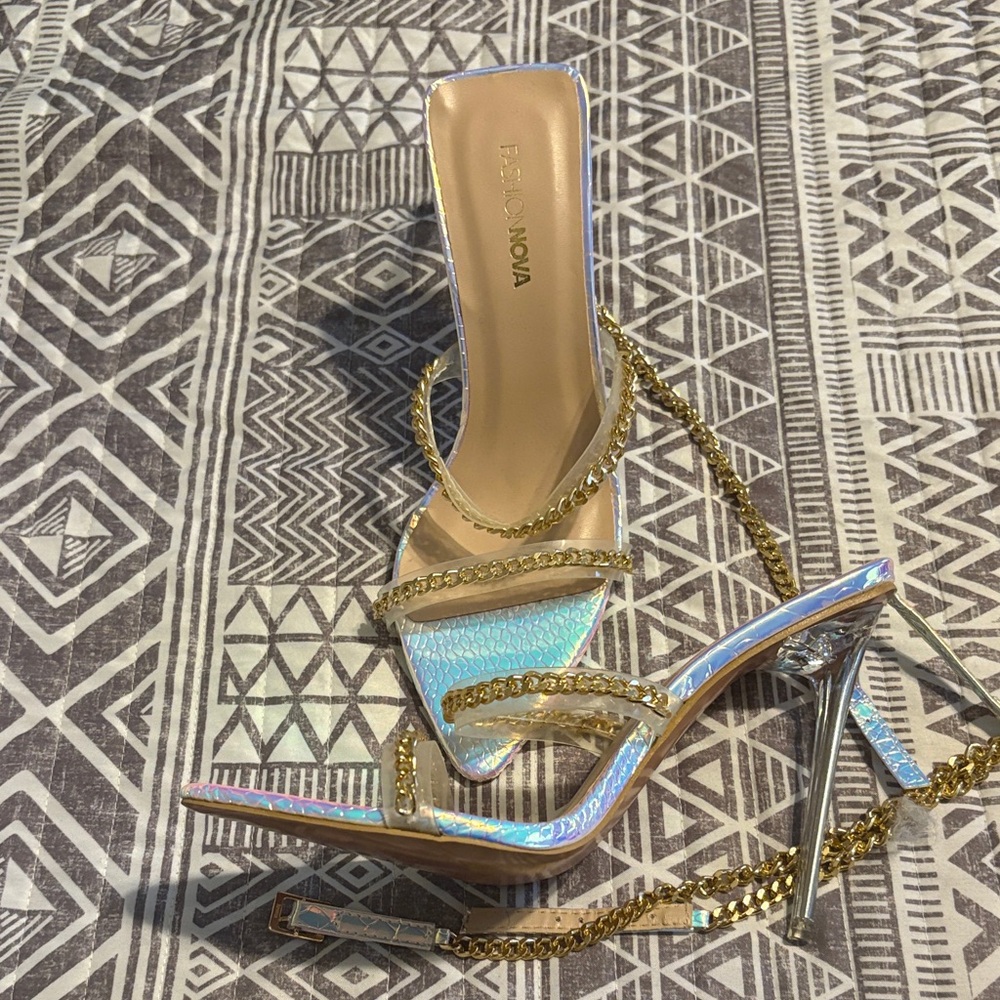 Fashion Nova Iridescent Heels with Gold Chain